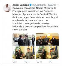 Tuit del mes de marzo del presidente de Aragón en referencia al convenio firmado con el ministro Álvaro Nadal.
